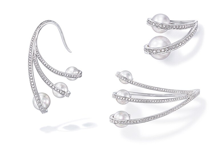 左上から時計周りに、イヤークリップ(左耳用) 2,900,000円、リング 1,900,000円、ブレスレット 4,800,000円。(c)TASAKI