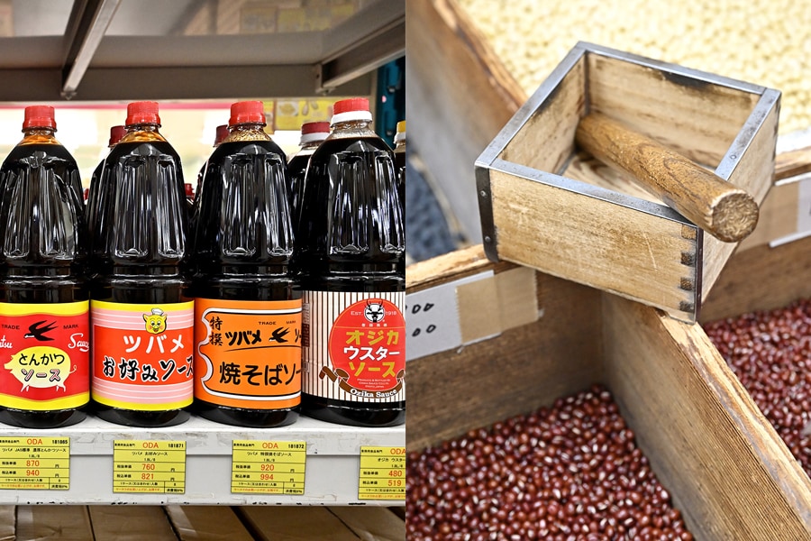 写真左：市場内のスーパーには、ソースがずらり。
写真右：お豆屋さんの店先には、宝石の小豆が。