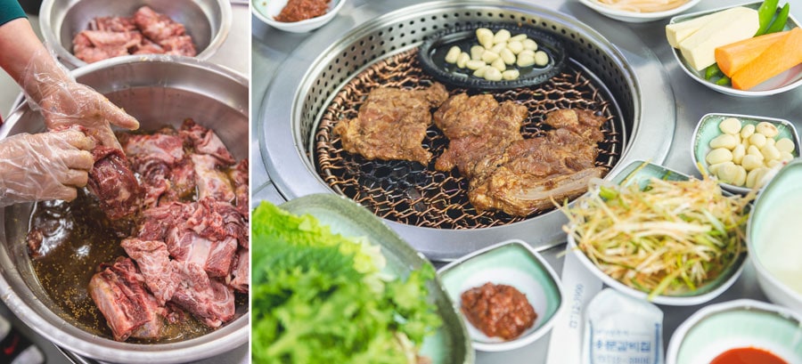 左：韓国産牛肉は約15種類の素材を使った自家製タレに2～3日間漬け込みじっくり熟成させる。右：豚カルビ1人前（250g）W22,000。炭火で香ばしく焼き上げた肉はサンチュにコチュジャン、ネギなどと一緒に。