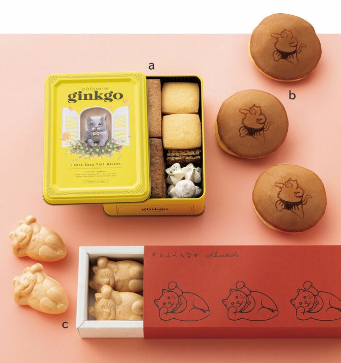 a：Ludique 10種入り 290g 3,700円／pâtisserie ginkgo 
b：すもうねこのどら焼き 栗入り100g 302円／半生菓子司 とし田 
c：たらふくもなか 6個入り 1,550円／御菓子司 白樺