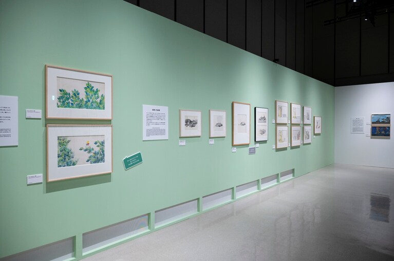 左端がスタンピングで描かれた木々。「レオ・レオーニの絵本づくり展」展示風景、ヒカリエホール、2025年