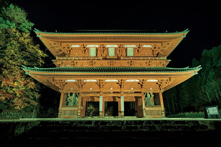 夜の大門。壇上伽藍とともに夜間ライトアップされる。不思議なくらい怖くないのは四天王に守られているからか。