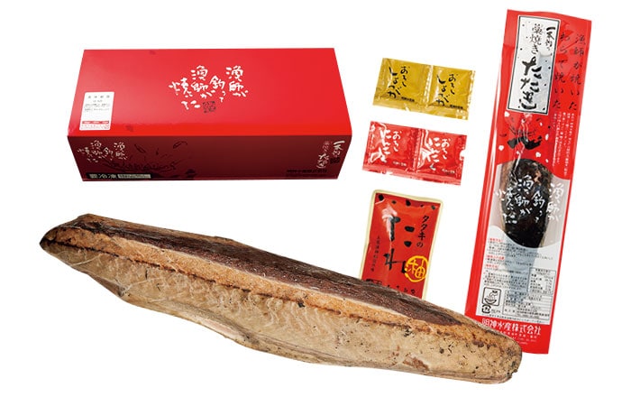 藁焼き鰹たたき1節セット 約300g、タレ、おろしにんにく、おろししょうがつき 3,300円／明神水産