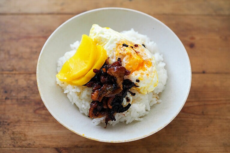 揚げ卵に鶏肉飯のタレのっけごはん。