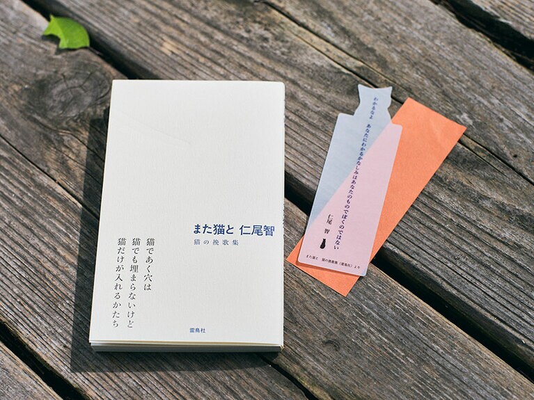 猫の形をしたかわいらしいしおりは、谷中の書店「ひるねこBOOKS」で購入した際の限定特典。『また猫と 猫の挽歌集』仁尾智　雷鳥社。