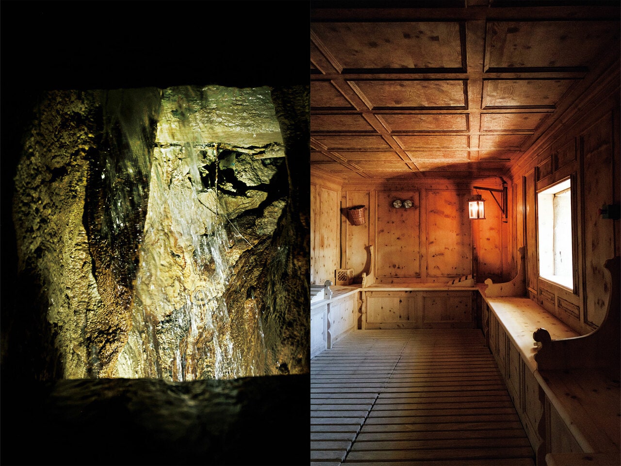 左：館内に、バーニ・ヴェッキの源泉を見ることができる。右：松が香る70℃のサウナ「シュトゥーベ・レオナルド・ダ・ヴィンチ」。内装はボルミオの木工職人が手掛けた。