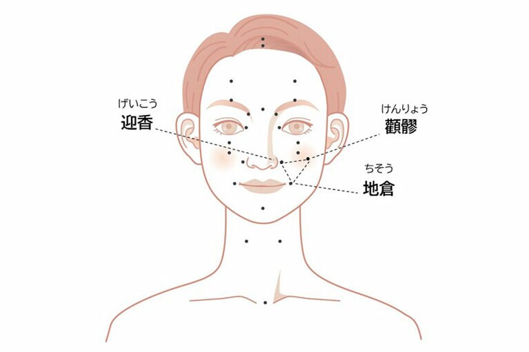 (1)顴髎(けんりょう)～左右の目尻から下がったところ、頬骨の下縁にあるツボ。 (2)迎香(げいこう)～左右の小鼻の真横にある。筋肉の溝ができ陥没しやすい。 (3)地倉(ちそう)～左右の口の端から指1本分外側にある。