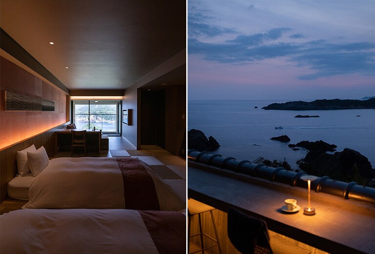 写真左：島根の地域文化を色濃く反映したご当地部屋「彩海の間」。眺望は朝日に包まれる海側と、夕日が美しい灯台側の2タイプ。写真右：いつでも自由に利用できる「かわたれテラス」。日の出前の幻想的な時間を心静かに過ごすのも素敵。