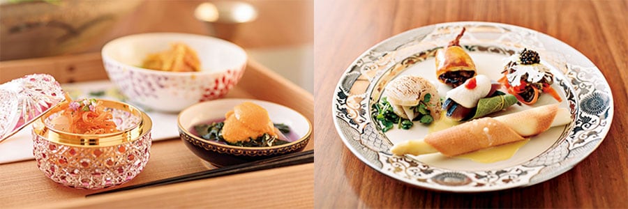 和洋折衷の気品ある料理を華やかな切子の器などでいただく「日本料理 節中」のコース。日光にまつわる食材を目の前で焼き上げる鉄板焼きも選べる。日光の歴史と品格を感じさせる美しさ。