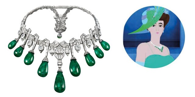 左：大ぶりのドロップ形エメラルドとダイヤモンドがあしらわれた「コルネット ネックレス(1929年)」。エジプトのファイーザ王女がかつて所有した。 ©Patrick Gries, Van Cleef & Arpels
右：美声で世界を魅了するエマ。彼女の凛とした振る舞いがコレクションとともに際立つ。