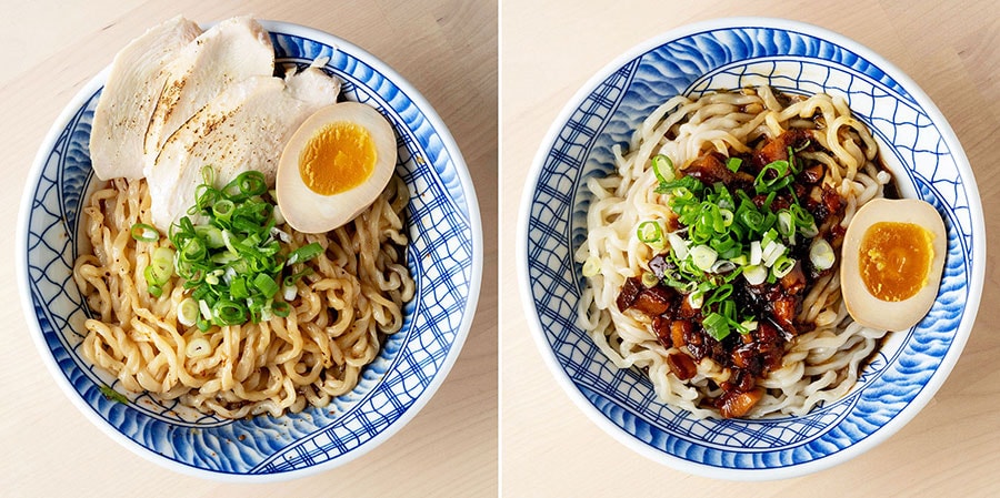左：「老童招牌拌麵（おすすめ混ぜそば）」95元。台湾らしい麺も必食！
右：魯肉飯のあんをかけた麺「阿嬤滷肉拌麵（おばあちゃんの魯肉混ぜそば）」75元。