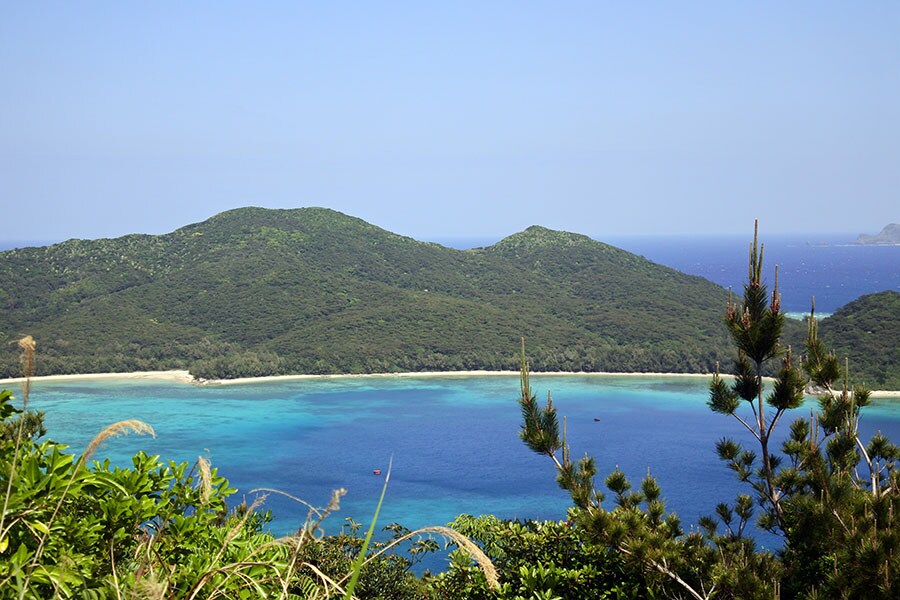 海岸線近くの水色の海域の一画が濃いブルーに。そこが爆薬で削った、唐船グムイ。