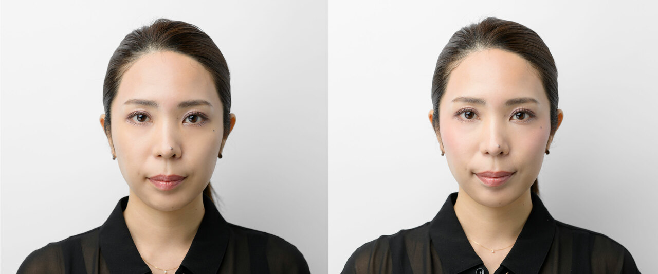 左がチークメイク前、右がチークメイク後。顔全体がリフトアップした印象に。