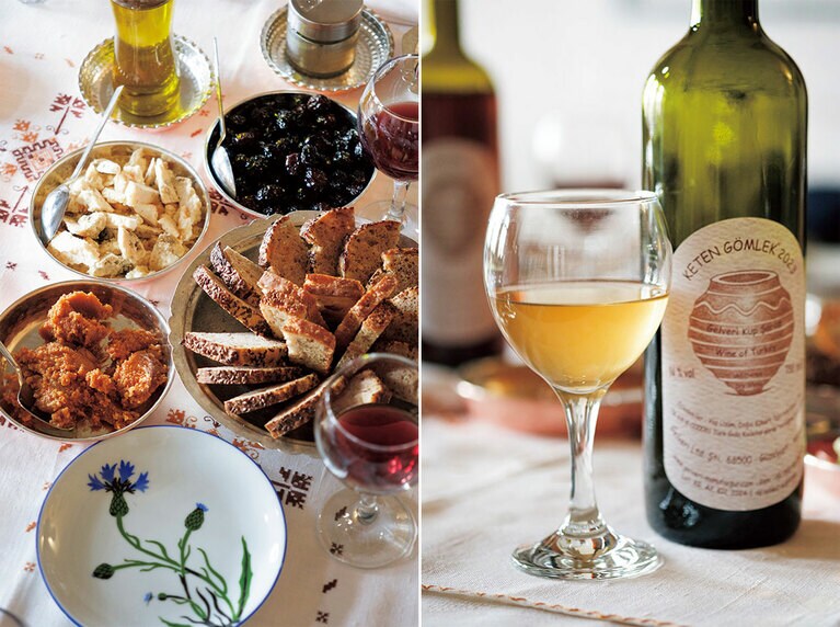 左：ハシェル氏の手による皿と料理でテイスティング。
右：さわやかな果実味の中に複雑な余韻を楽しませてくれる“ケテン・ギョムレキ”40USドル。