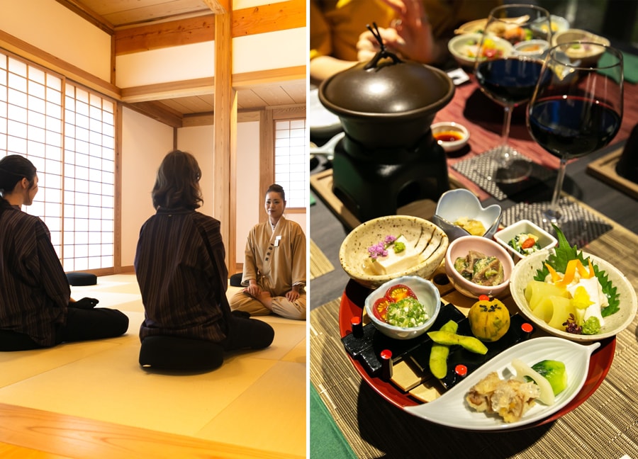 左：永平寺での朝のおつとめ、館内での坐禅体験や写経など、禅の世界へと導くプログラムを用意。 
右：永平寺 典座老師から教えを授かった料理長による精進料理で、心と体を慈しむひとときを。