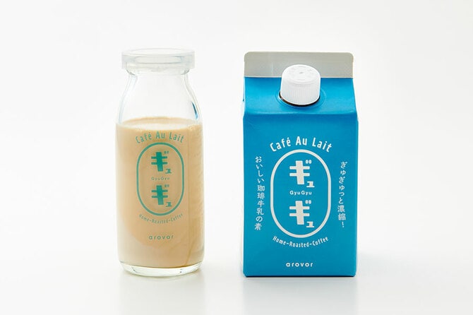 ギュー乳ビン 715円、ギュギュ500mL 1,188円/コーヒービーンズショップ アロバー
