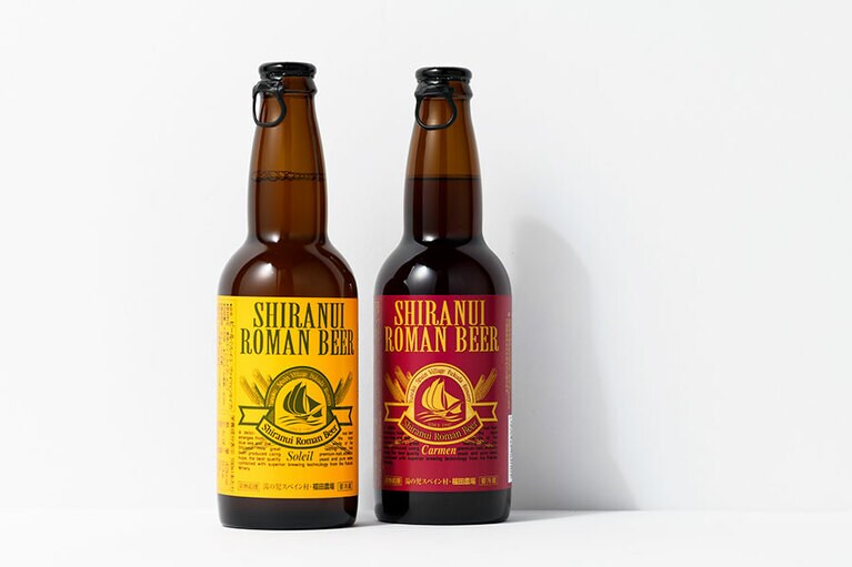【熊本県】福田農場の「不知火海浪漫麦酒」各500円(330ml)。左から：ソレイユ、カルメン。