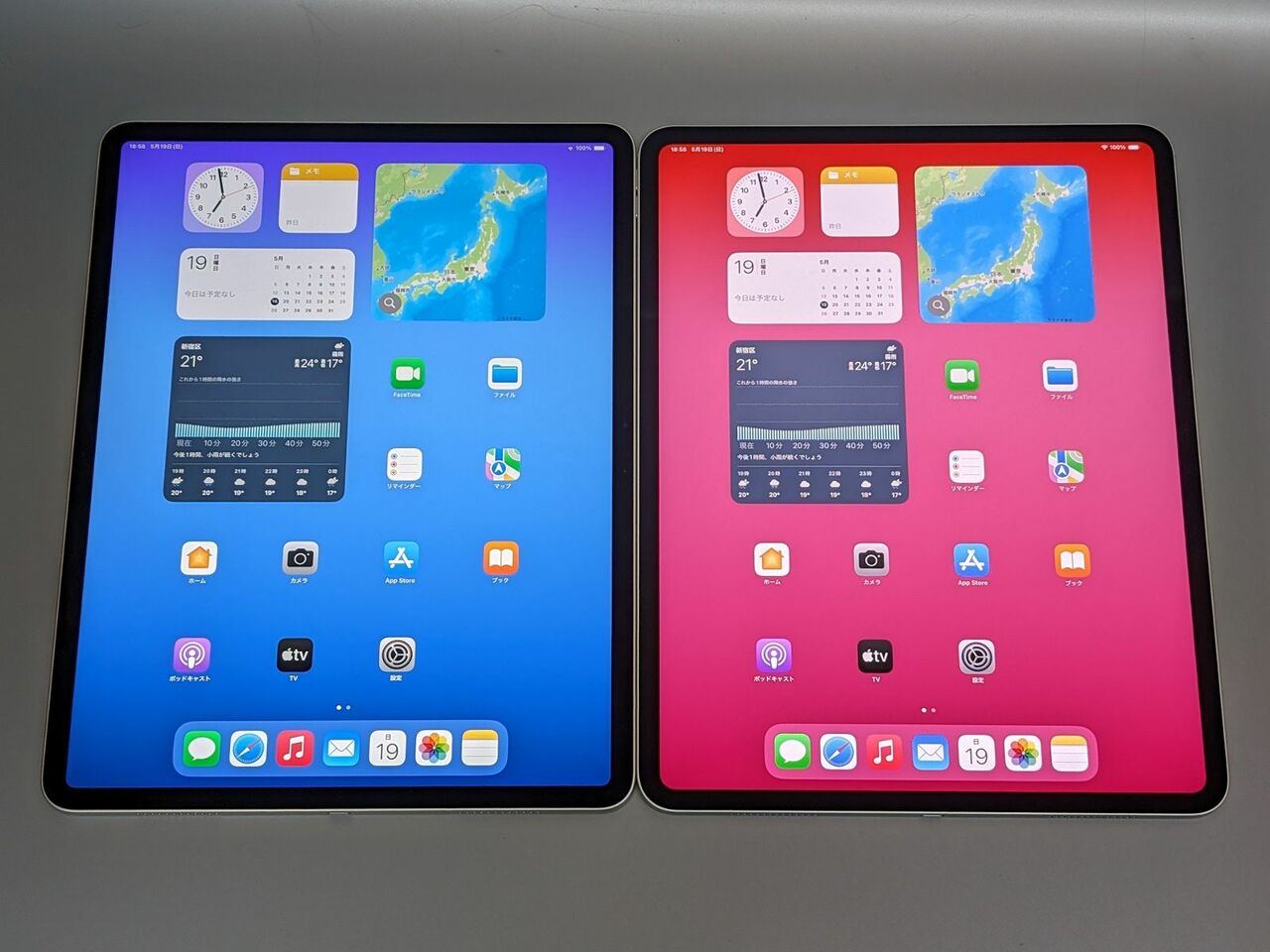 左が「13インチiPad Air」、右が「13インチiPad Pro」。こちらも正面からの見た目はそっくりです。ちなみに画面サイズはミリ単位で13インチiPad Proのほうが大きめです