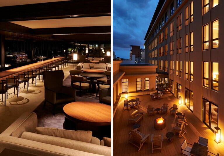 左：祇園の夜景を満喫できるロビーラウンジ＆バー。 
右：夜には焚火を囲んでワインを味わえるパティオ。