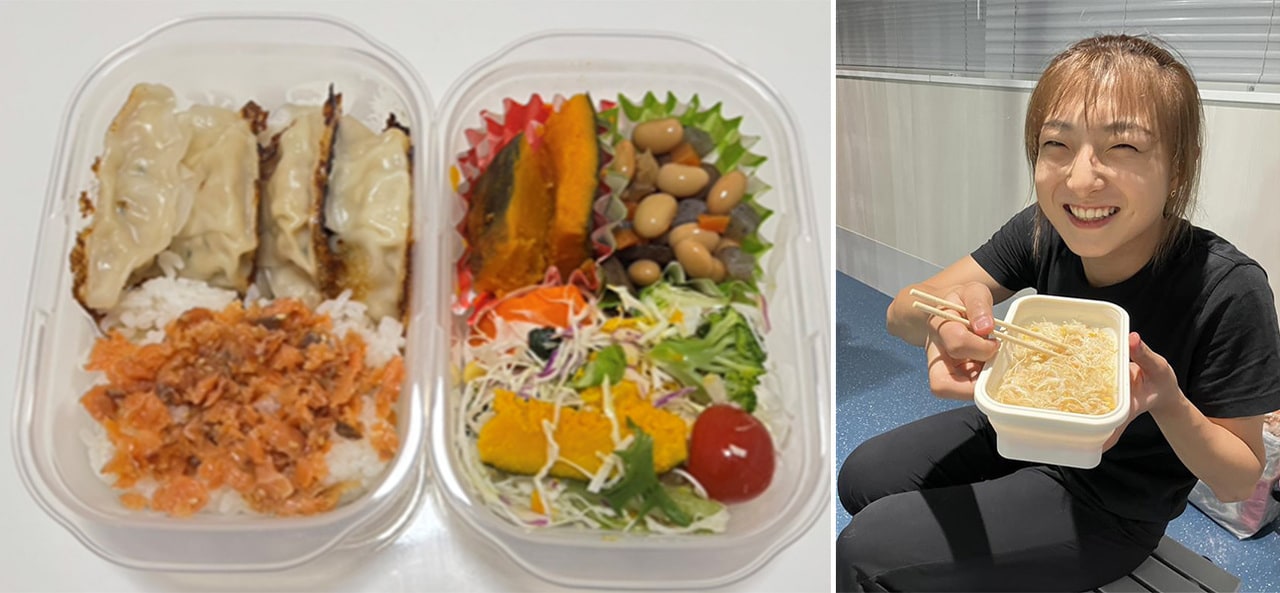 写真左から、坂本選手の普段の食事、練習後に作ったという“ひとり鍋”。