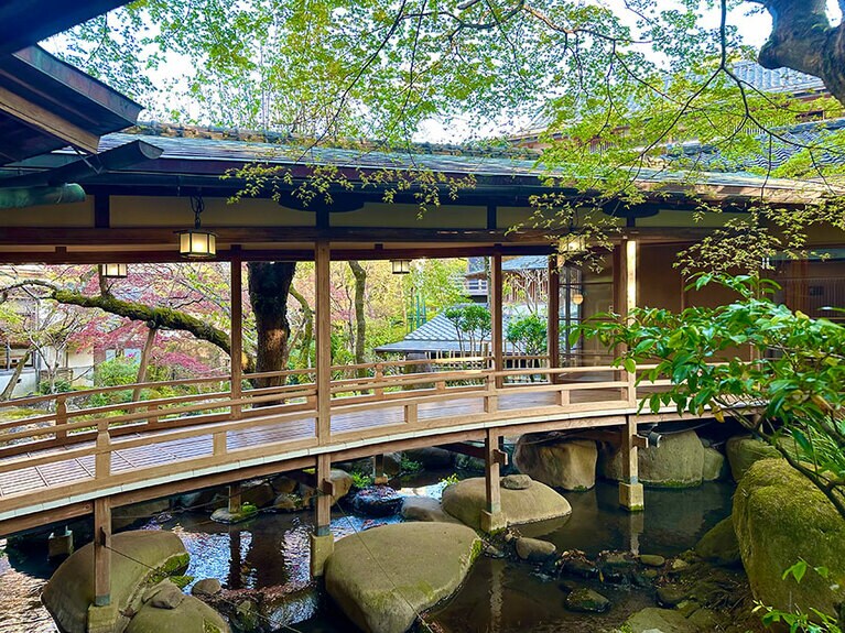 新井旅館を代表する「渡りの橋」（明治32年）はフォトスポットとしても人気。