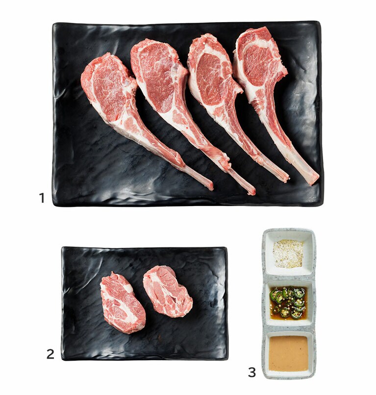 1：フレンチラックは骨の際まで味わいたい。180g W35,000。 
2：ロースは厚切りでステーキのよう。160g W30,000。 
3：上から、ローズマリー風味のアンデス岩塩、青唐辛子入りの醬油ソース、ガーリックソース。