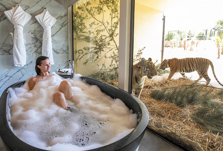 入浴中に虎がやってくることも!?　大人気の〈ジャングルバンガロー〉。