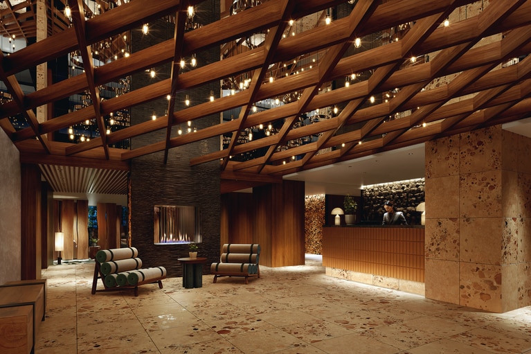 軽井沢の自然と調和する木材をいかした、落ち着きのあるロビー。