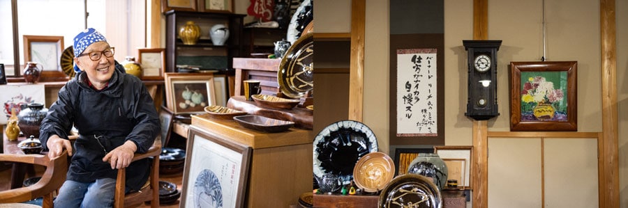 左／「ピッチャーはハンドルが生えているように自然に、と教えられました」と福間さん。右／店の奥には民藝を代表する濱田庄司の作品などが飾られ美術館のよう。