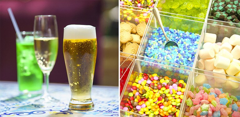 「ウェルカムラウンジ」では、ビールやスパークリングワイン、キャンディなどをセルフスタイルで好きなだけ。お部屋ヘテイクアウトOKというのもうれしいところ。