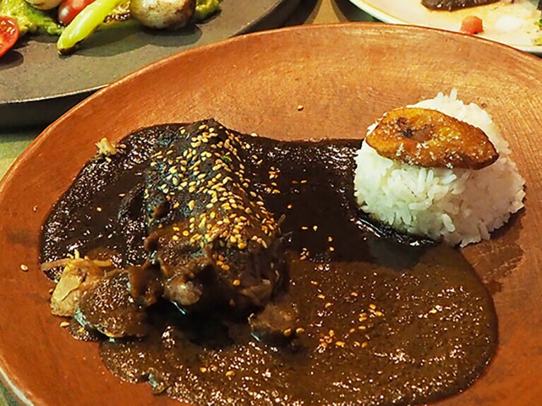 コヨアカン「ロス ダンサンテス」の、七面鳥と2種類のモレソース 300メキシコペソ。色の黒いほうがプエブラスタイルで少し辛め、薄い方がオアハカスタイルのモレ。