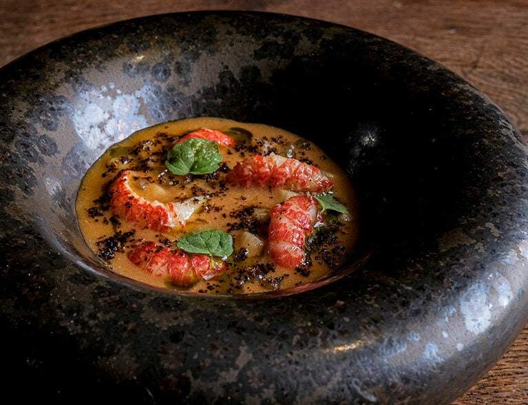 「マーテル」のこの夏のヒット料理、“アベマリア・パスタの川エビ添え、ゾルフィーニ豆ソース”。レアな食材の調達と仕込みの凝り具合が半端ない。器も秀逸。