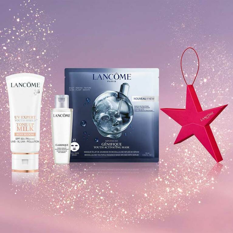 ピンクの美人UV キット 6,380円。セット内容：UV エクスペール トーン アップ ローズ (SPF50+・PA++++) 30ml(現品) ／同 トーン アップ n(SPF50+・PA++++) 30ml／同 エクスペール BB n(SPF50+・PA++++) 30ml(現品)／同 BB Ⅱ n (SPF50+・PA++++) 30ml(現品)／同 アクア n(SPF50・PA++++) 30ml(現品) から1品選択(限定ジャンボサイズも可。その場合は8,250円)、クラリフィック デュアル エッセンス ローション 50ml(試供品サイズ) 、ジェニフィック アドバンスト バイオセルロース マスク16ml ×1枚、オリジナルオーナメント。予約開始：10月22日(金)、発売日：11月5日(金)