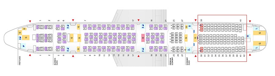 上級クラスの比率が高いANAのB777-300ERの座席配置。エコノミークラスは4番目と5番目の非常口の間にしか設定されていない(赤枠内)。