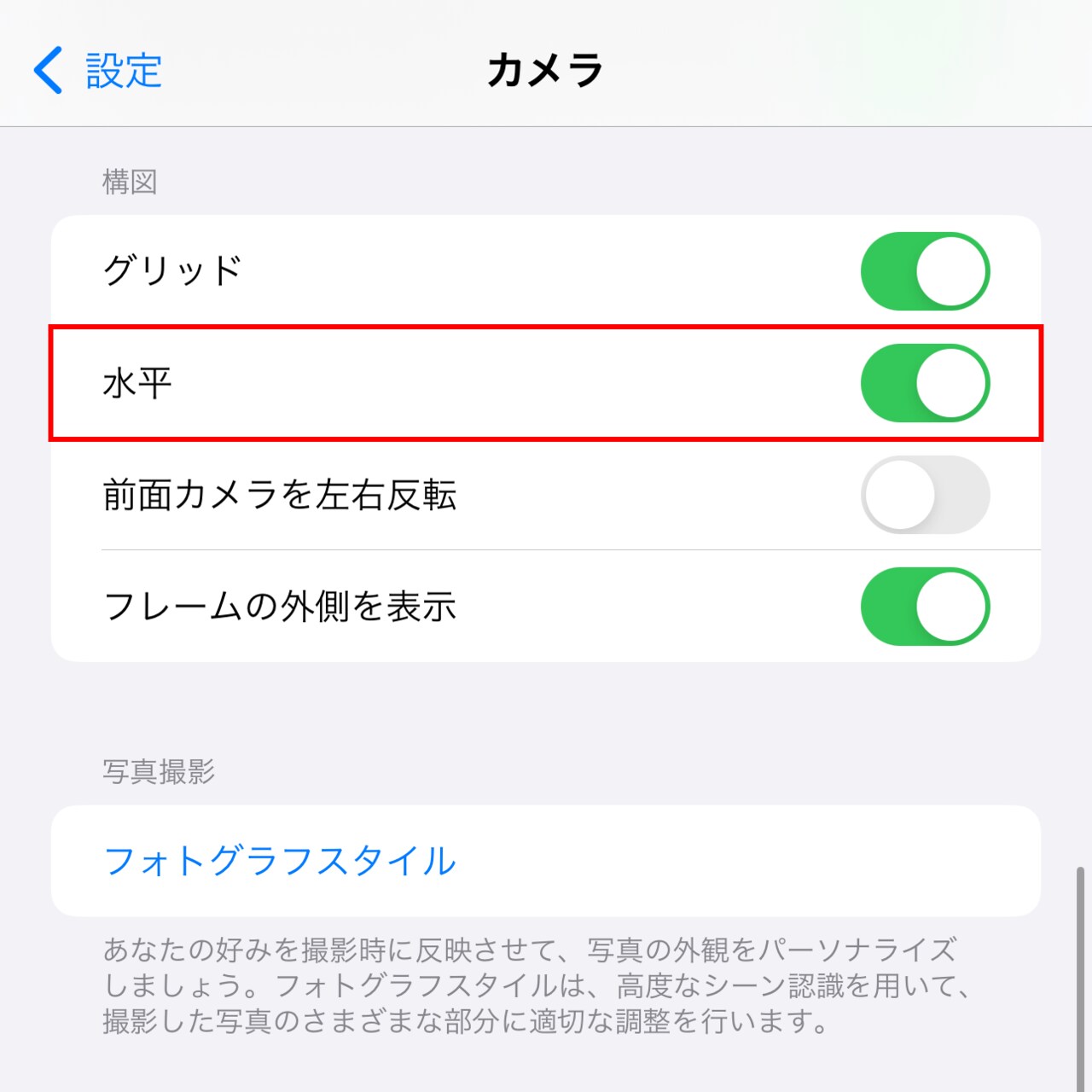 カメラの設定画面で、新たに「水平」という項目が追加されています