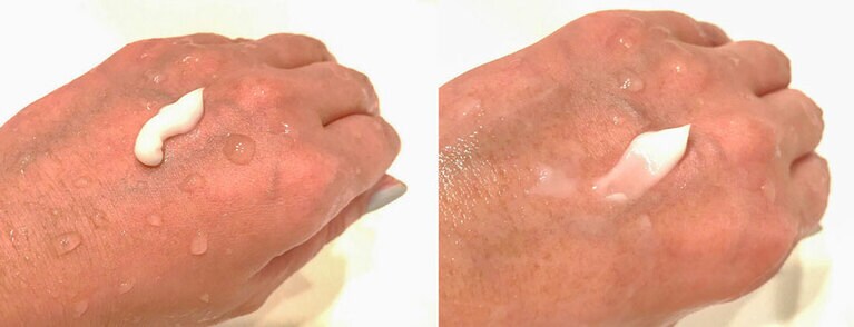 コクのあるクリームだけど、伸ばすとすぐとろけて広がる。右の写真が、半分くらいクリームを伸ばしたところ(わかりやすくするために白っぽさを残してますが、もっと透明になります)。