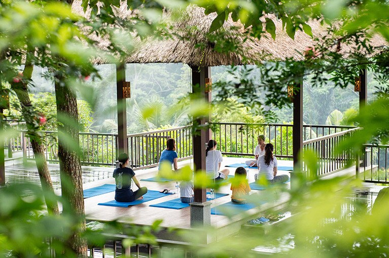朝のヨガでは、太陽礼拝や山のポーズなど、基本的なヨガのポーズを行う。
