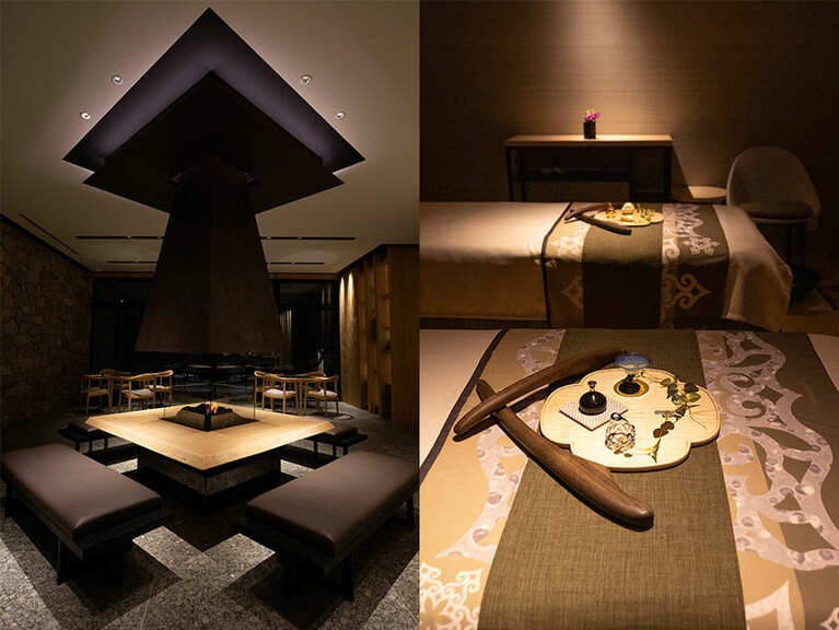 写真左：暖炉を設えたラウンジ。ワインを片手にゆったりと過ごせます。
写真右：「スパ ニクル」では、オリジナル精油を用いたトリートメントを。
 