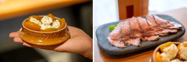 「荻野屋 弦」のメニューの一部。「あんずとクリームチーズ」（660円）、上州牛イチボローストビーフ（1,650円）。