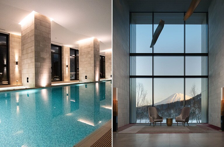 〈写真左〉インドアプール、温泉浴場、フィットネスのほか、スパトリートメントも体験できる「ウェルネス アット ザ パーク」。 〈写真右〉息をのむ絶景に館内の随所で出会えます。