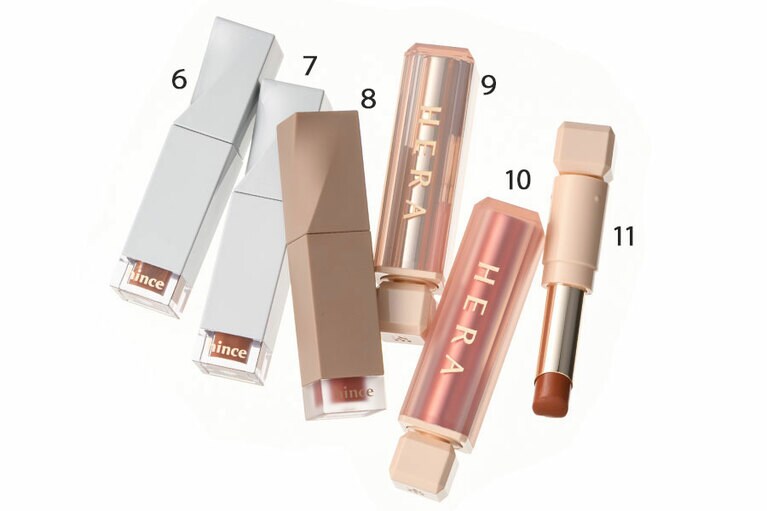 6～8：ムードインハンサーリキッドグロウ(左から)05、04、09「09はソフトマットな質感で色もちも抜群。マスクにも色移りしにくい」(George)「04、05は血色感はしっかりあるのに肌に溶け込む独特の色みで惹かれる。色を絞れず、何本か買いました」(千国)  9～11：センシュアルスパイシー ヌードリップバーム(左から)101、173、429「唇がぷっくりするツヤリップ。429の赤みベージュはかなり使える！」(George)