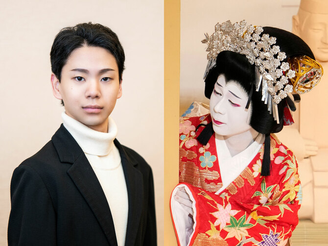 尾上左近さん。（右：『菅原伝授手習鑑』苅屋姫 ©松竹）