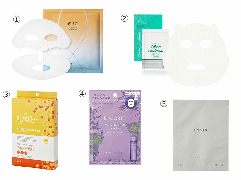 【01】エスト ザ ローションマスク 1セット入り 1,650円／エスト 【02】薬用スキンコンディショナー エッセンシャル ペーパーマスク E 12mL×8枚入 3,300円 [医薬部外品]／アルビオン 【03】オルフェス イエローエッセンシャルマスク 25mL×1枚入り 275円／ロハス製薬 【04】ヴィタ ドレーブ マスク 10mL×1枚入り 440円／コスメデコルテ 【05】バランシング スパ シートマスク 16mL×6枚入り 7,480円／THREE