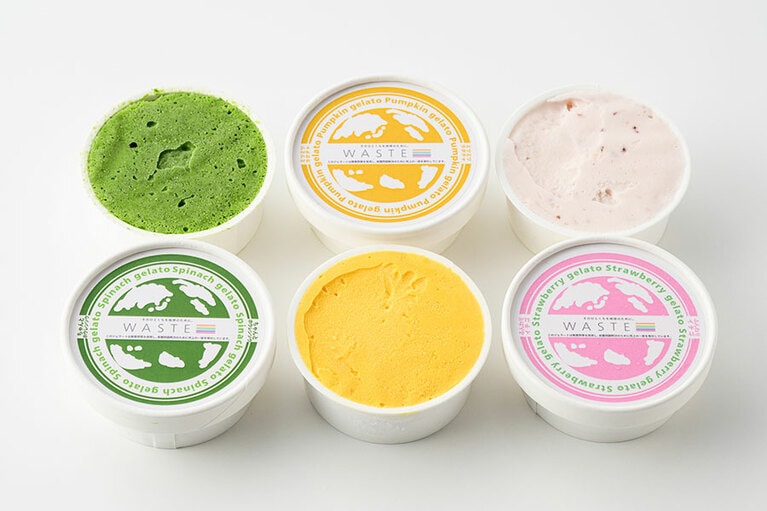 WASTE GELATO 2,300円（65ml×6個入り）左から：ちゃんとホウレンソウ、ミツミツカボチャ、ふんわりいちご／ WASTE