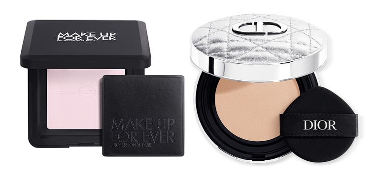 左から：HDスキン プレストパウダー 0.2 5,720円／メイクアップフォーエバー、ディオールスキン フォーエヴァー イドラ グロウ クッション 00.5N SPF 50・PA+++ 6,710円、同クッションケースシルバーカナージュ 3,630円／ともにパルファン・クリスチャン・ディオール