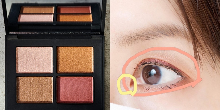 アイホール全体に、右下の朱がかった「シマリングディープレッド」を塗り、ブラシで良くなじませたあと、右上の「メタリックイエローコッパー」を目頭に、さらに目の下全体に右下の「シマリングディープレッド」を入れる。