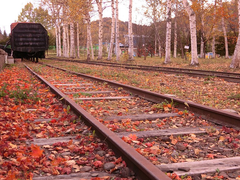 オンネトーから約30分のドライブで、秋色に染まる北見相生駅跡に到着。