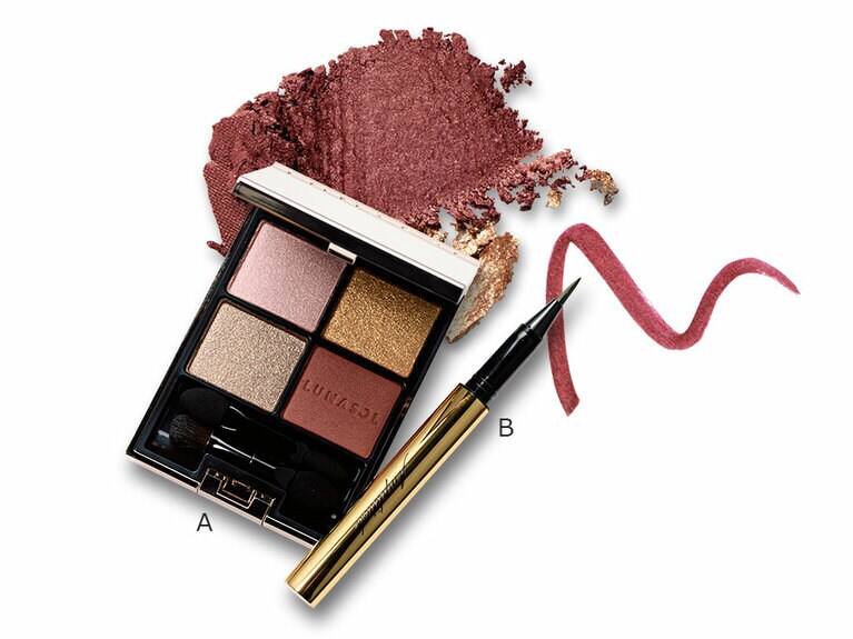 A 女性らしさと大人の深みをにじませるヴィンテージローズ。ルナソル アイカラーレーション EX08 6,200円／カネボウ化粧品［2020年11月20日(金)限定発売］、B 先細りの平筆でラインの強弱も思いのまま。肌なじみのいい洗練ボルドー。ロングラスティング リキッドアイライナー 06 4,300円／アンプリチュード