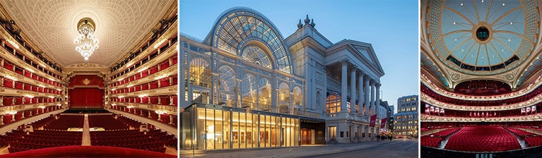 左：ミラノ・スカラ座。2006年からエクスクルーシブタイムピースとして、20年には博物館のサポーターにもなっている。©Rolex/Ambroise Tzenas
中・右：ロンドン・ロイヤル・オペラ・ハウス。2008年からエクスクルーシブタイムピースになっている。©Rolex/Ambroise Tzenas