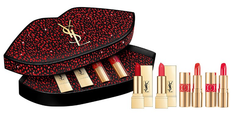「YSL ノエル ミニ リップボックスセット」6,800円(限定発売)。セット内容：ミニ ルージュ ヴォリュプテ シャイン No.12 コライユ ドルモン／No.45 ルージュ タキシード 各1.3g、ミニ ルージュ ピュールクチュール №1 ルルージュ／No.52 ルージュロゼ 各1.3g。